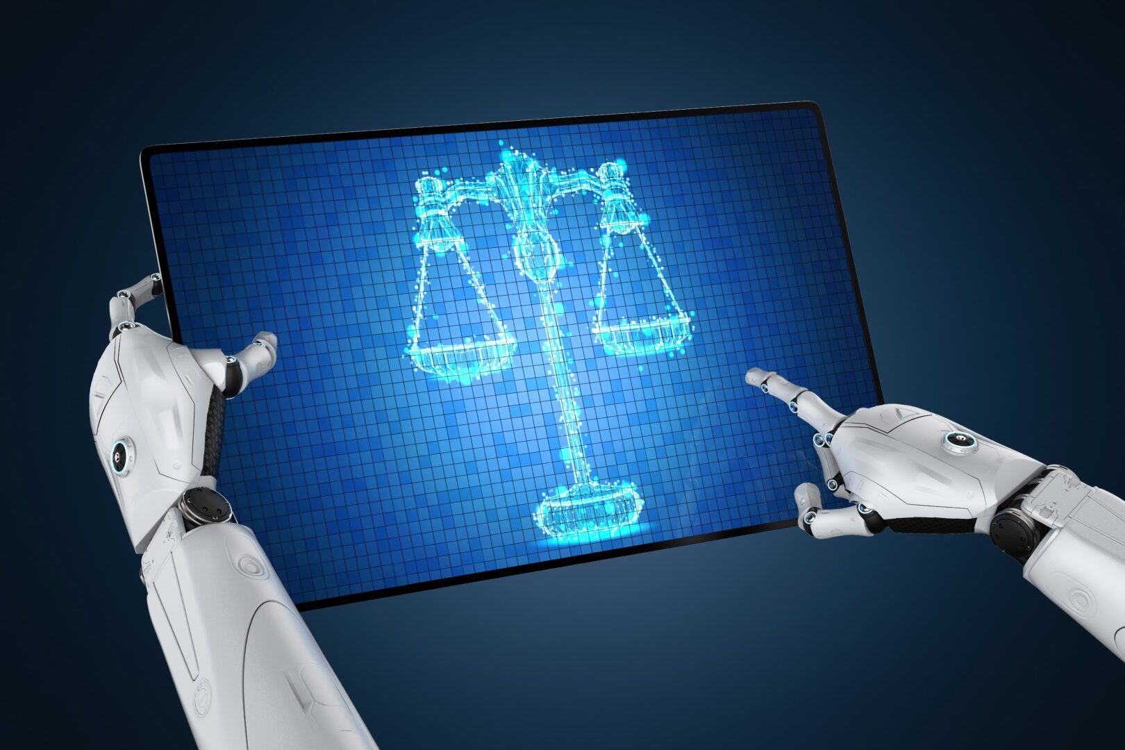 Mãos robóticas usam um tablet representando a inteligência artificial na advocacia