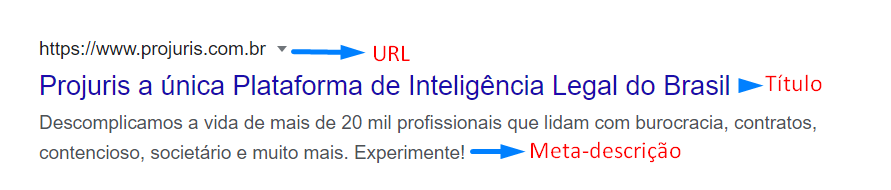 detalhe do resultado de uma pesquisa no google, com título, url e meta descrição