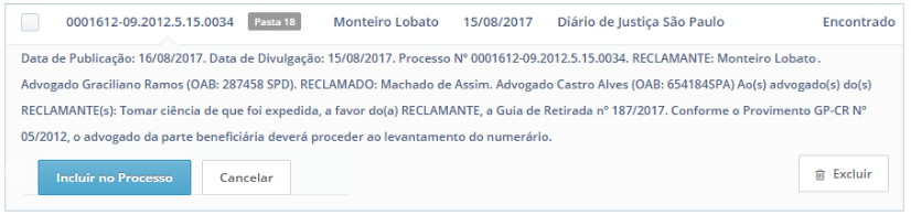 Opção de cadastrar intimação a um processo no ProJuris Software Jurídico