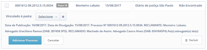 Mensagem quando processo não é encontrado no Software Jurídico ProJuris em captura de intimação