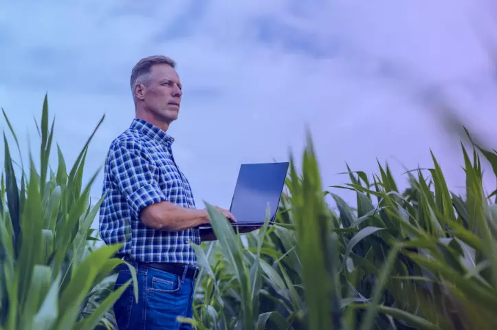 Homem com notebook na plantação