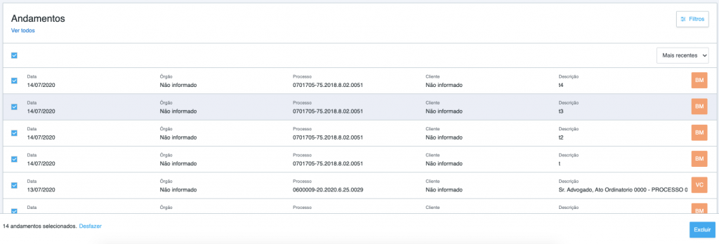 andamento em software jurídico 