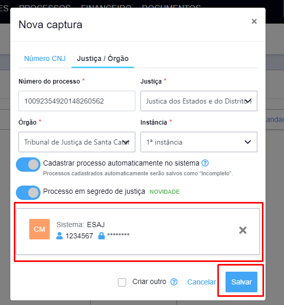 cadastro de nova captura de processos em segredo de justiça 
