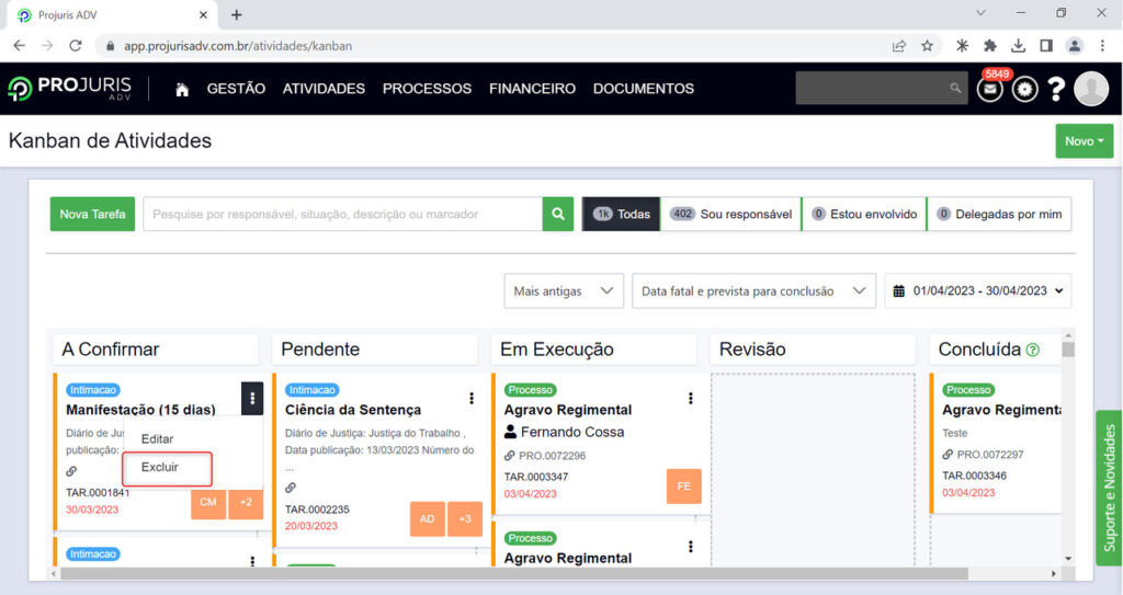 visualização geral do Kanban