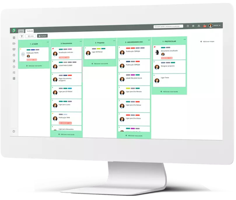 Atividades de um advogado dispostas em colunas no formato Kanban dentro do Projuris Escritórios