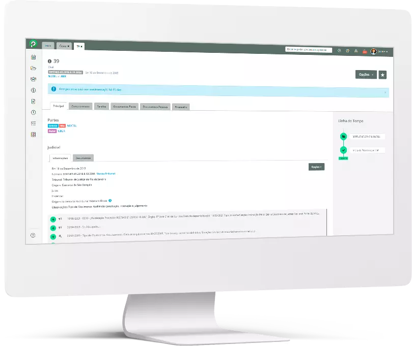 Tela do Projuris Escritórios mostrando um processo judicial sendo trabalhado
