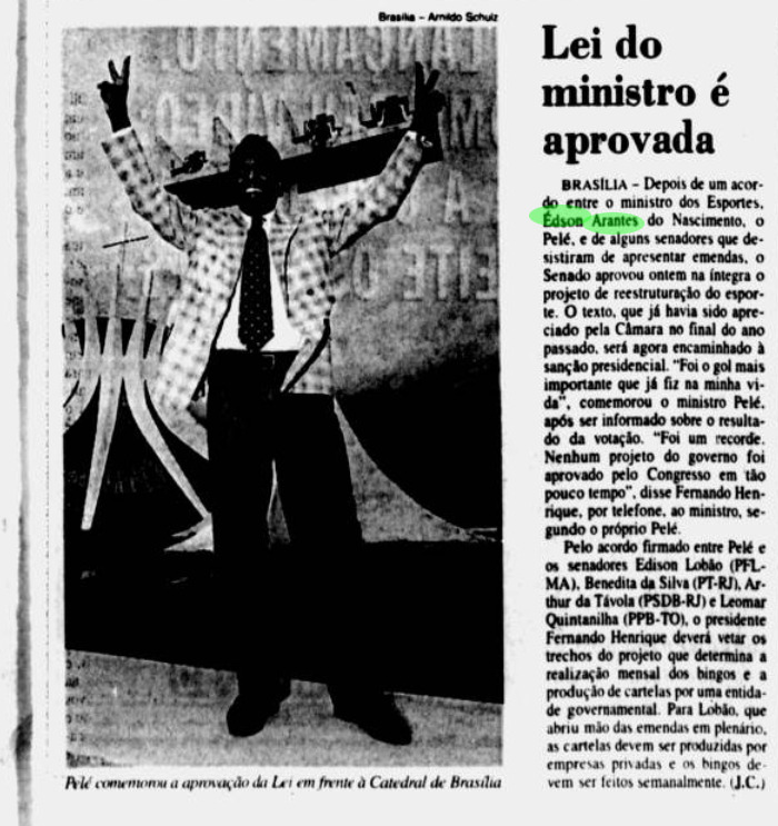 Nota do Jorna do Comércio de fevereiro de 1998 mostra os esforços de Edson Arantes do Nascimento, o Pelé, na aprovação da Lei Pelé ou Lei 9.615/98