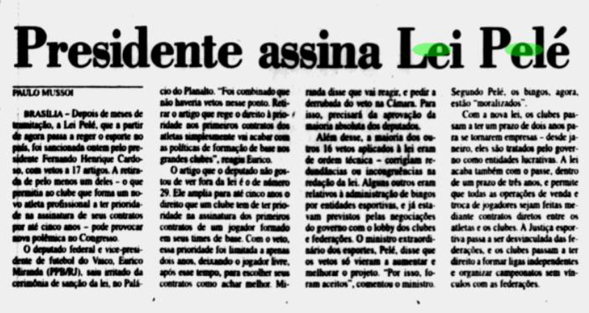 recorte do jornal do brasil de março de 1998 mostra nota jornalistica sobre a aprovação da Lei Pelé pelo presidente