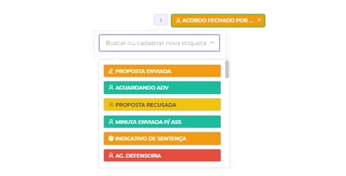 exemplos de etiquetas sendo marcadas em uma plataforma de ODR como o Projuris Acordos