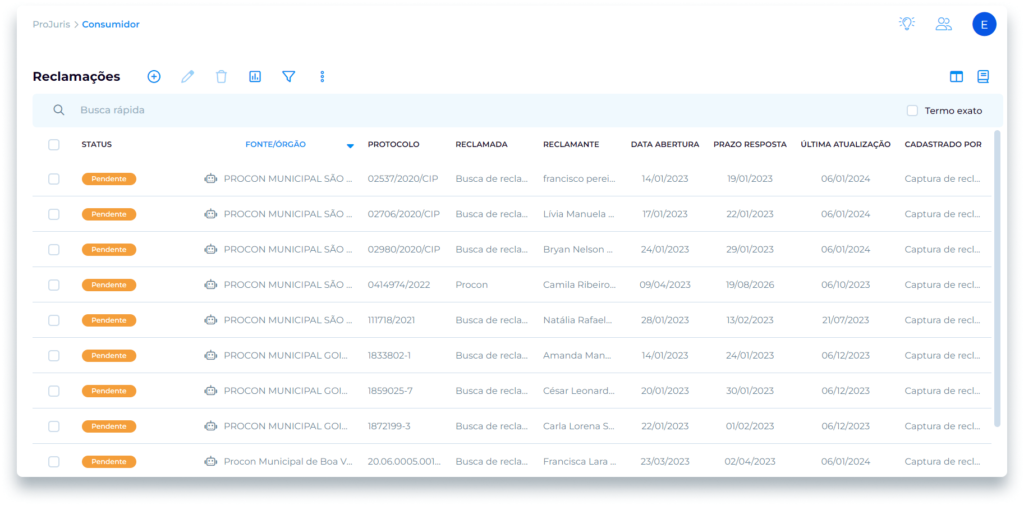 módulo de procon no projuris, captura da tela do sistema onde todas as reclamações do Proconsumidor são centralizadas