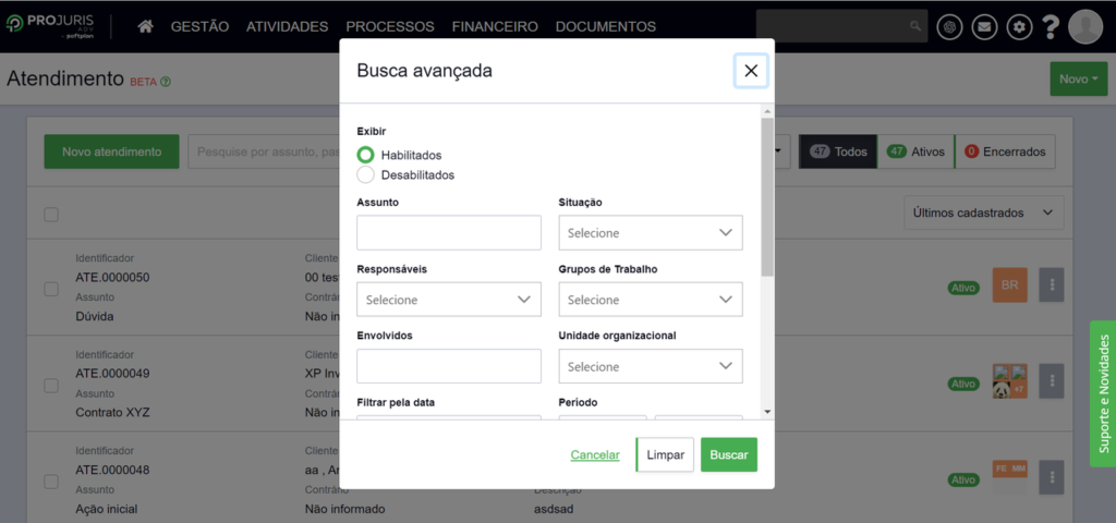 Busca avançada de atendimento ao cliente com Projuris ADV