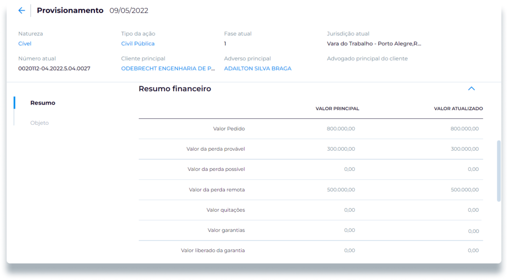 imagem do software Projuris Empresas fazendo provisionamento