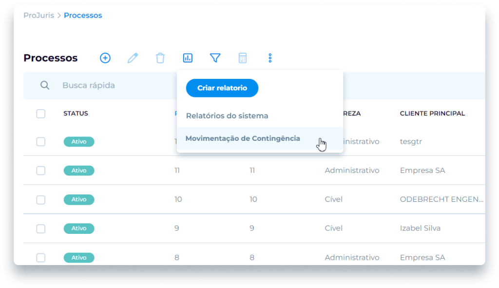 imagem de relatório de contingências emitido pelo software área jurídica, Projuris Empresas