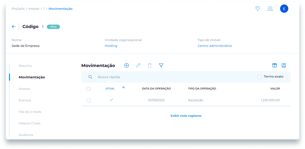 cadastro de imóveis de uma holding patrimonial no software Projuris Empresas